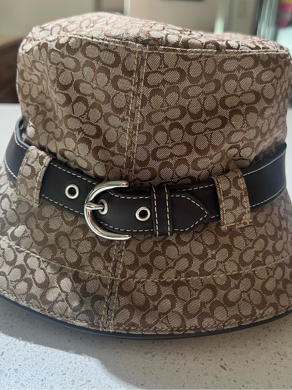 Coach Brown & Tan Signature CC Monogram Bucket Hat with Dark Brown Leather Belt